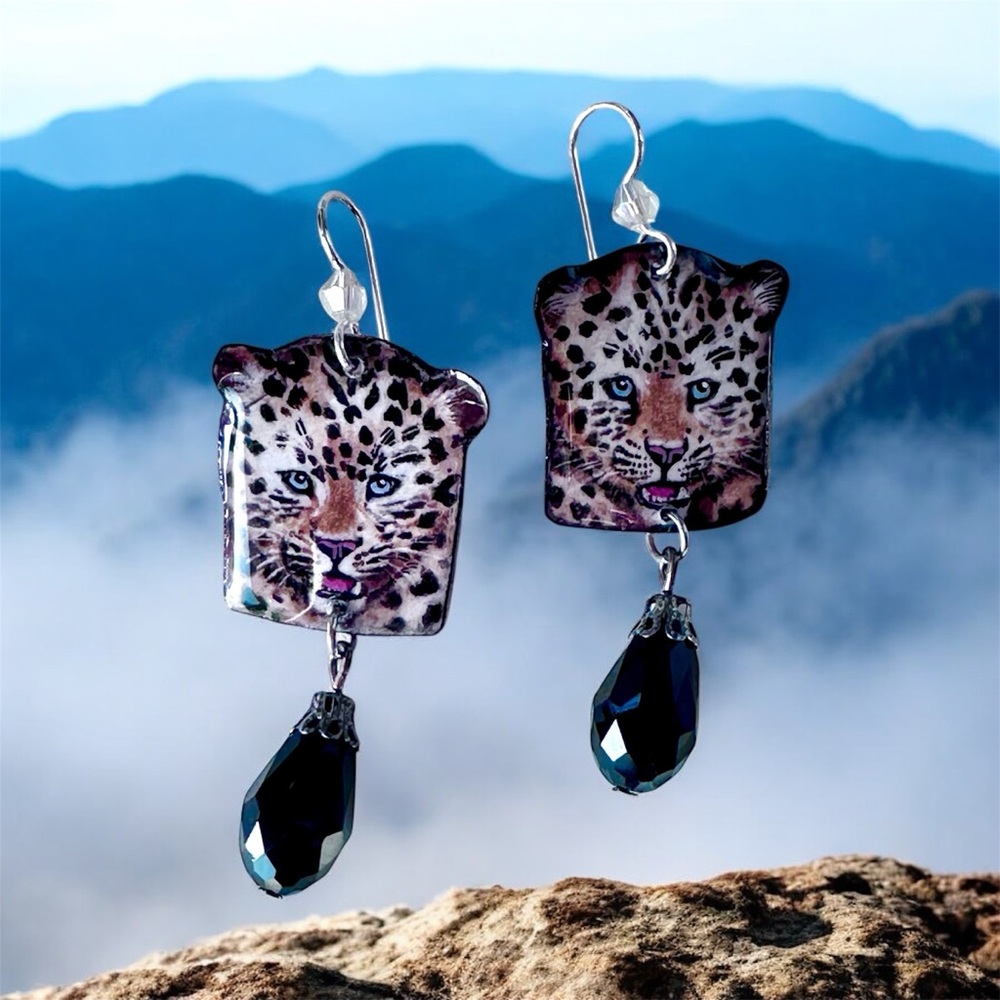 Hand Painted leopards Earrings sterling wires, original big cats cheetahsOOAK🐈‍⬛